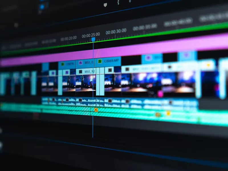 Computer monitor displaying video editing timeline in a studio workspace